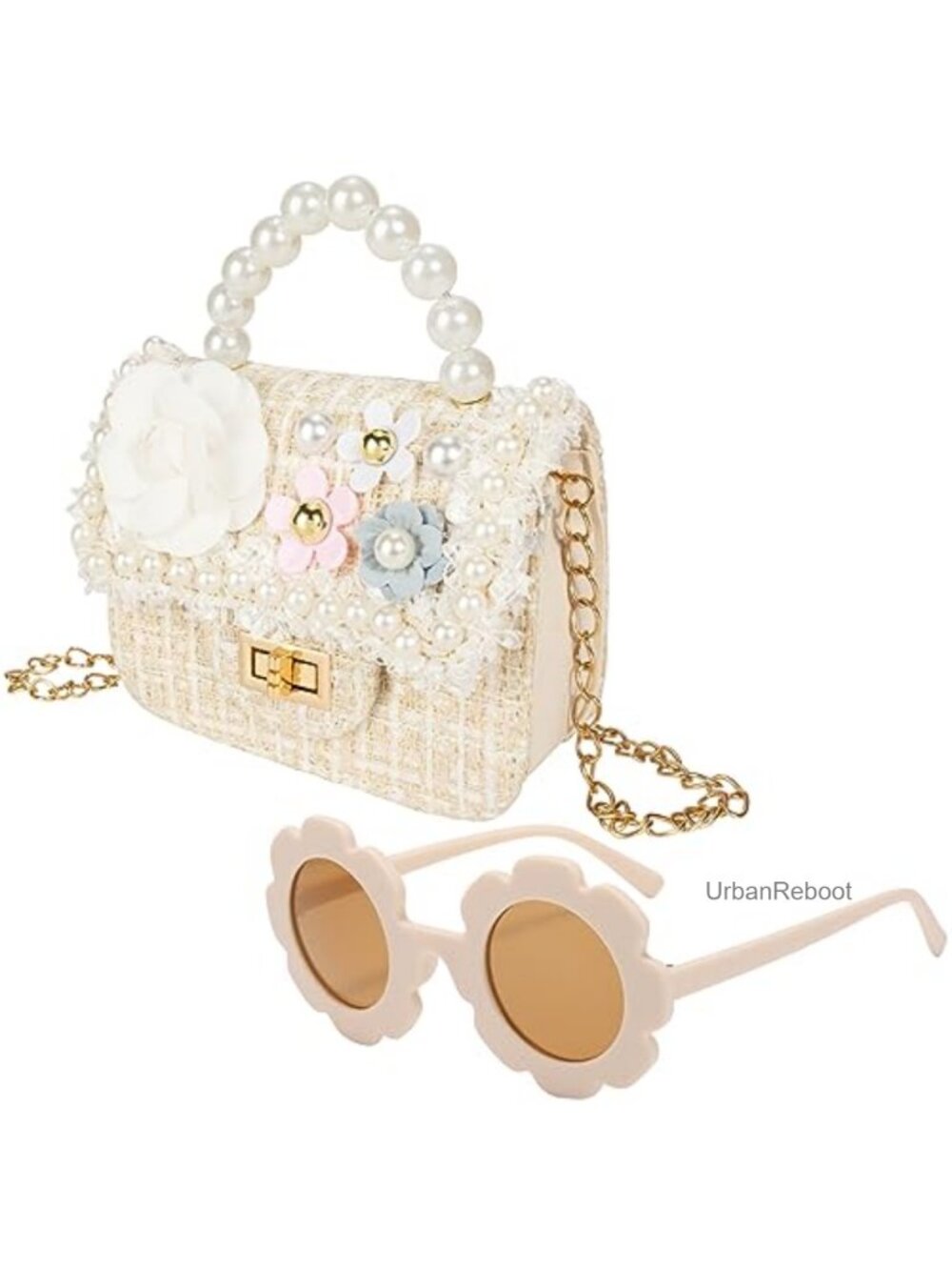 Toddler Girls Crossbody Purse PU Leather Pearl Flower Mini Handbag